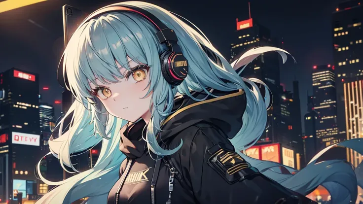 golden eyes、cyberpunk city、medium long hair、wearing cool headphones,{{{{{{{{ oversized black hoodie }}}}}}}},beautiful and delic...