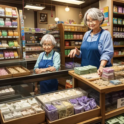 inside the pet shop、old woman standing near the cash register、holding money in hand