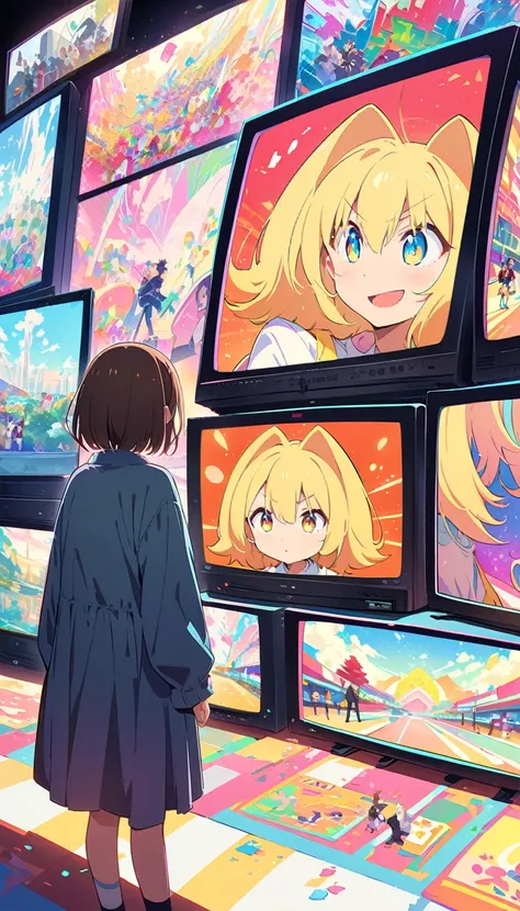 anime style, ultra-fine illustrations, highly detailed, dynamic angle, beautiful detailed, 8k, in front of many crt tvs, break v...