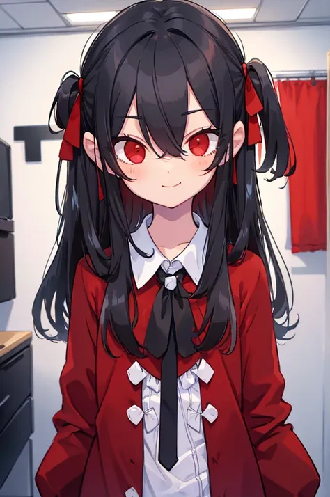 a kid, long straight black hair, long bangs, crimson red eyes, small, cute, short, background in a room, sweet smile and innocen...