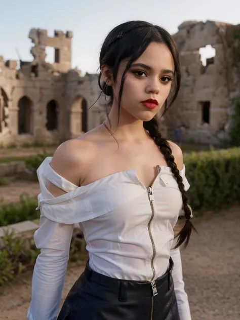 jenna_ortega wearing a black , black button-down shirt, covered shoulders, black miniskirt, bare shoulders, hair tied into two small braids, red lipstick, eyeliner, most of the figure visible (most of the body visible: 1.2), background: zipper, castle ruin...