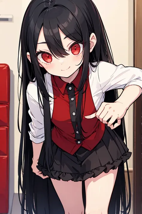 A kid, long straight black hair, long bangs, crimson red eyes, small, cute, short, background in a room, sweet smile and innocent