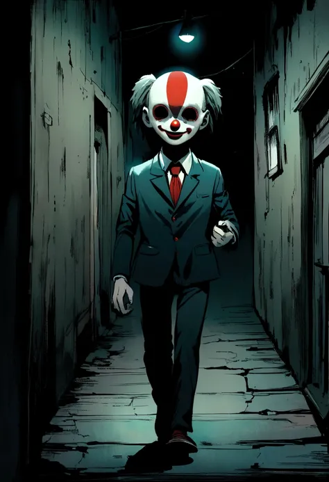 a horror clown is walking in a dark street