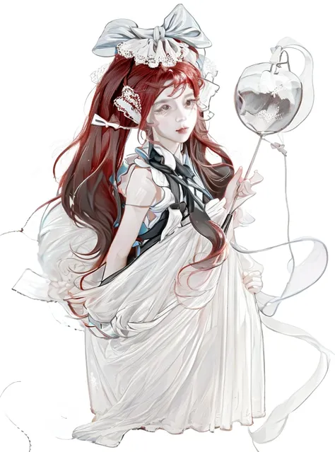 standing picture，whole body，character design，red hair，bow ruffles，apple