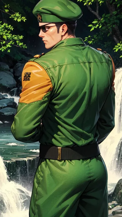 heidern,1guy,eye patch,beret,at the waterfall,green uniform,hands behind back,black shirt,standing,cowboy shot,long sleeves,glov...