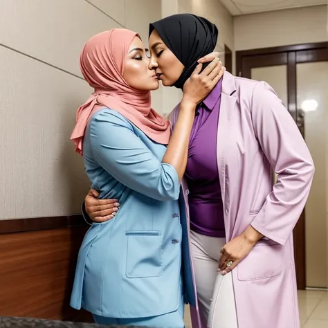 2woman,45 years Old, Hijab Indonesian mature woman, Big  : 12.9, doctor suit,curvy body, full body, sharing lustful kiss, hug and groping bteas, professional shot, at doctor office.