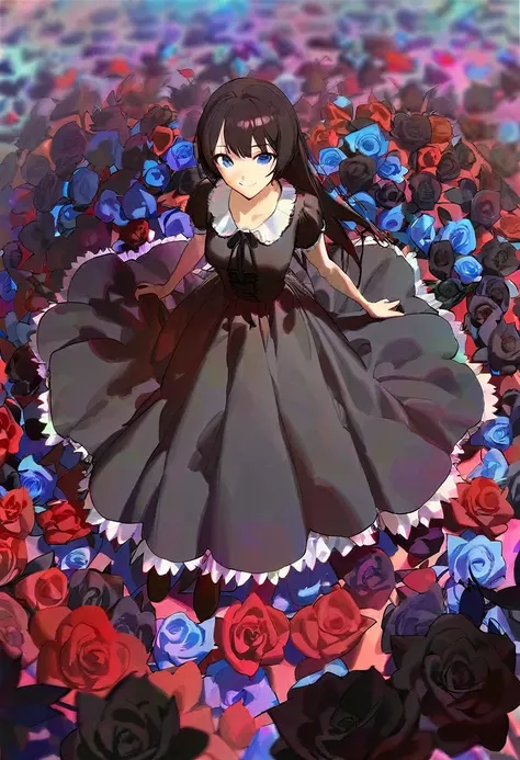 A girl surrounded by black roses, in fantasy world, full body, scared, black long hair, Purple mix blue eyes, in black dress with frills and lace, Thin smile, aesthetic, beautiful color, (amazing quality:1.5), by modare, by ask, by ikky, depth of field, ch...