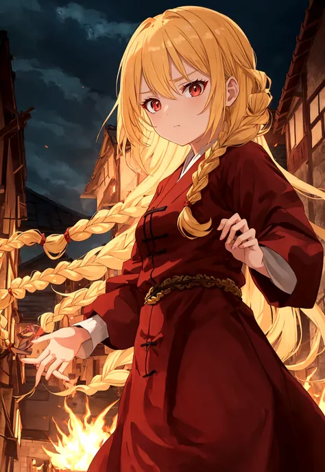 slavian girl anime fire on background, the village is burning, the girl is standing sideways, blonde, long braid, anger