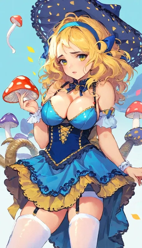 a beautiful 20 year old blonde woman with big messy hair in a blue dress, white stockings, black headband, cleavage, holding a glowing mushroom, fantasy art style, rossdraws cartoon vibrant, alice in wonderland cyberpunk, cute detailed digital art, colorfu...