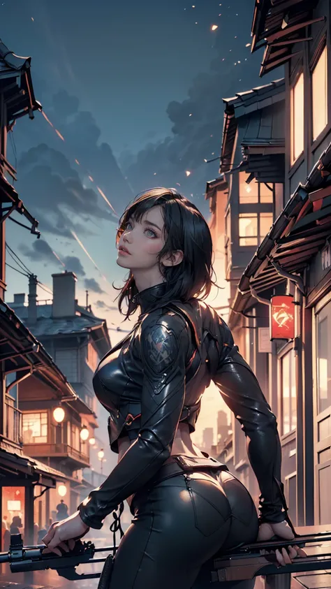 (Famous Paintings:1.2,Highest quality,Super detailed,Powerful backlight:1.3,silhouette:1.45),, , //character, 1 Solo Female Mercenary,Ghost in the Shell Motoko Kusanagi,One eye is glowing red:1.2,Expression: Murderous expression,Overlooking the city.Black ...