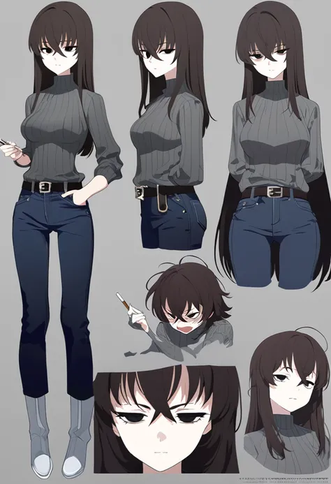 One Woman,Downer,older sister,Concept Art,Dark brown hair,Straight hair with slight inward curls,Staring eyes,Eye Ridge,black eye,Crossed bangs,whole body,smile,Slightly larger breasts,Gray background,Bangs that reach down to the eyes,Messy hair,Tight dark...