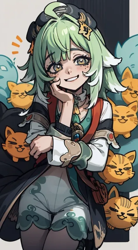 Timida, asustada, ojeras, fondo verde claro, sonrisa de gato , loli 