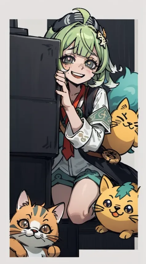 Timida, asustada, ojeras, fondo verde claro, sonrisa de gato , loli 