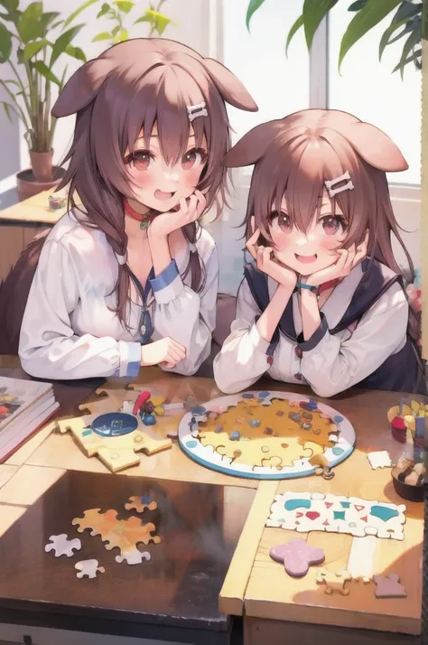 Playing puzzles with laughter２People Girls