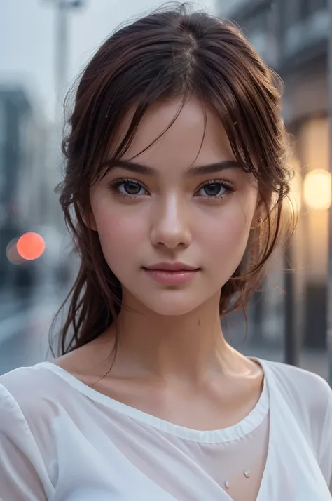 the quality of, masterpiece, ultra high resolution, Surrealism, ，pretty girl, luminescent, actual, masterpiece, high detail, 4K, , light, small smile, White skin、top quality,HD details， wet watermark， Ultra-detailed， soft light， Deep field focus bokeh， Ray...