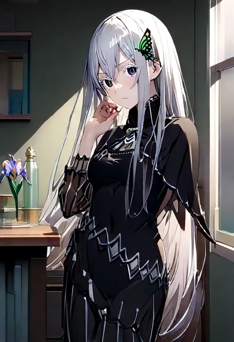 echidna, echidna, colored eyelashes, gray hair, hair between the eyes, long hair, straight hair, (iris:1.5),
break black capelet...