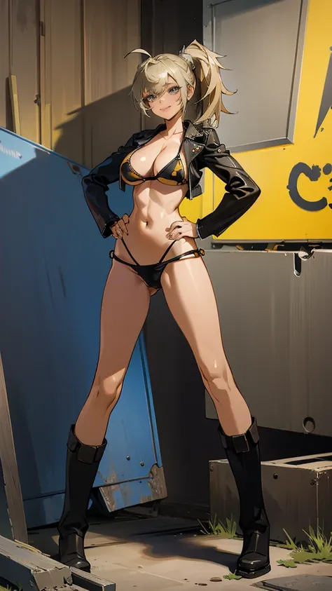 Masterpiece, best quality, Masterpiece, best quality, 1 woman , blue eyes , yellow ponytail , black leather jacket , sly face , smile , bikini , abdomen, big breasts , Long legs , boots , hands on hips , abandoned factory 