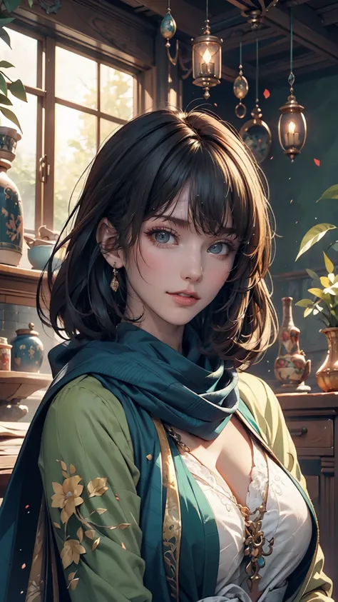 Woman in a blue dress with a long green scarf, Beautiful character drawings, Beautiful Fantasy Empress, Jan J, style of art gelm, art gelm and ruan jia, extremely detailed art gelm, trending art gelm, art gelm. Anime illustration, ruan jia and art gelm, In...