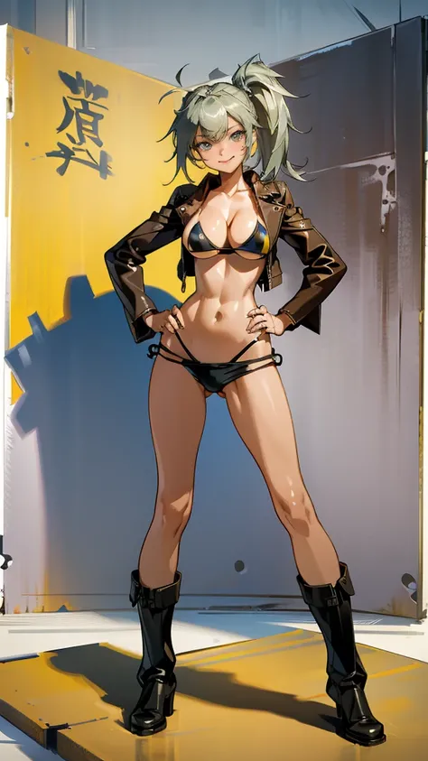 Masterpiece, best quality, Masterpiece, best quality, 1 woman , blue eyes , yellow ponytail , black leather jacket , sly face , smile , bikini , abdomen, big breasts , Long legs , boots , hands on hips , abandoned factory 