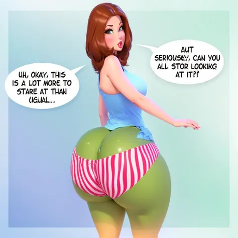 cartoon of a woman in a striped panties with a speech bubble, thick thigs, giantess art, realistic cartoon, comic digital art, insanely inflated hips, thicc, buttshape, high detailed cartoon, 3 d cartoon, short cartoon strip, big cheeks, cartoon digital ar...