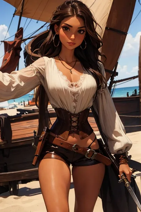 (masterpiece), best quality, expressive eyes, perfect face, (pirate ship background), (standing), (smirk), (closeup view), (1girl, vanessa alessia, dark skin, tanned skin, brown hair, wavy hairstyle, brown eyes, hourglass figure, thin body, skinny body, pe...