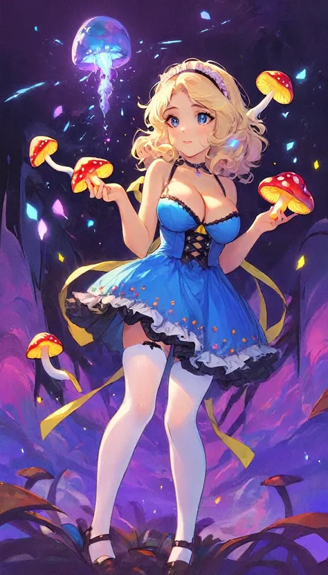 a beautiful 20 year old blonde woman with big messy hair in a blue dress, white stockings, black headband, cleavage, holding a glowing mushroom, fantasy art style, rossdraws cartoon vibrant, alice in wonderland cyberpunk, cute detailed digital art, colorfu...