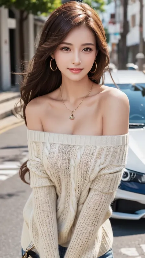 ((Highest quality, 8k, masterpiece:1.3)), concentrate:1.2, Beautiful woman with perfect figure:1.4, Stick your butt out:1.2, ((Beautiful long hair)),（Long white legs：1.3） ，(Off-the-shoulder sweater:1.4) , (sports car, street: 1.2), Highly detailed face and...