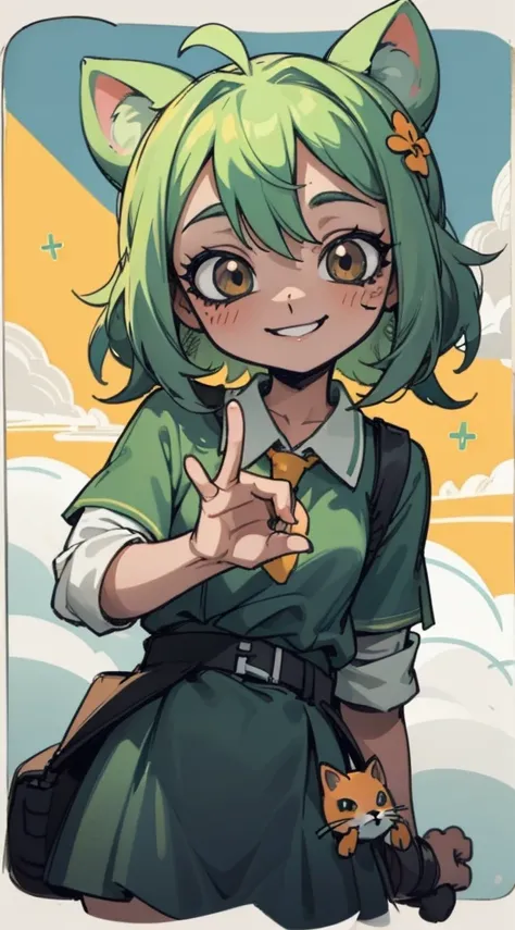 Timida, asustada, ojeras, fondo verde claro, sonrisa de gato , loli 