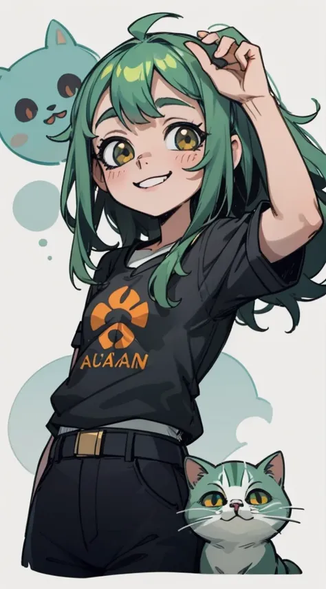 Timida, asustada, ojeras, fondo verde claro, sonrisa de gato , loli 