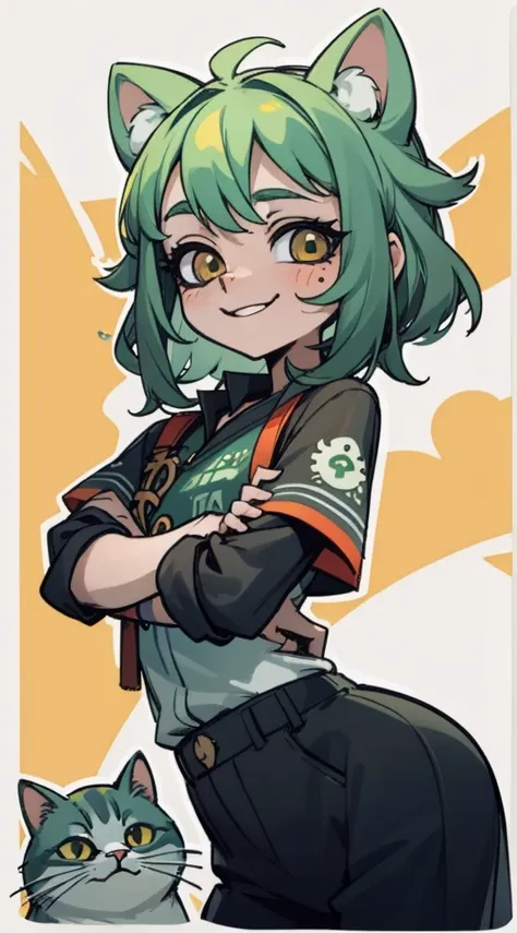 timida, asustada, ojeras, fondo verde claro, sonrisa de gato , loli