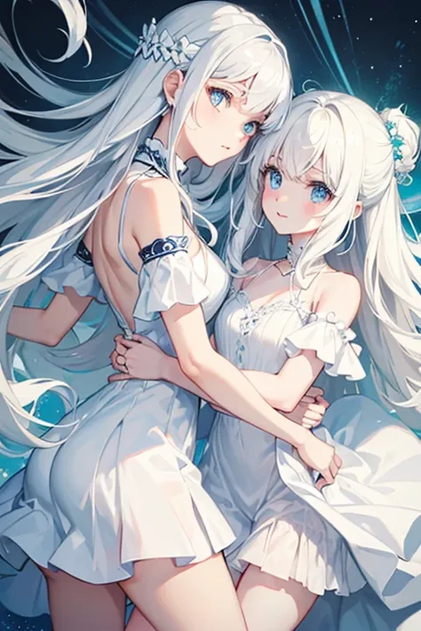 One is wearing a white dress, has white hair and blue eyes