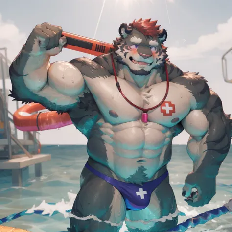 masterpiece, best quality, 8k resolution, Very detailed, hairy，tiger，((red hair))，muscle，Strong，超大muscle，((Sweating))，(((Purple Eyes)))，For the audience，(((Lifeguard)))，portrait，(((Shirtless)))，(Highest quality scene)，(((thong)))，(((Nautical Mile)))，(((smi...