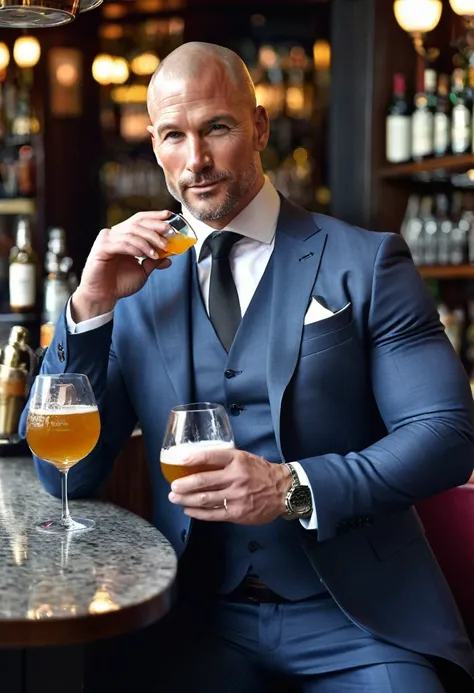 iphone pro 14, extremely beautiful model, 40 years old sexy muscular man, scandinave, shaved head, realistic, seins gaies, clivage, haut court, soutiens gorges, full figure, nice 3 pieces suit, drinking in a posh bar in London