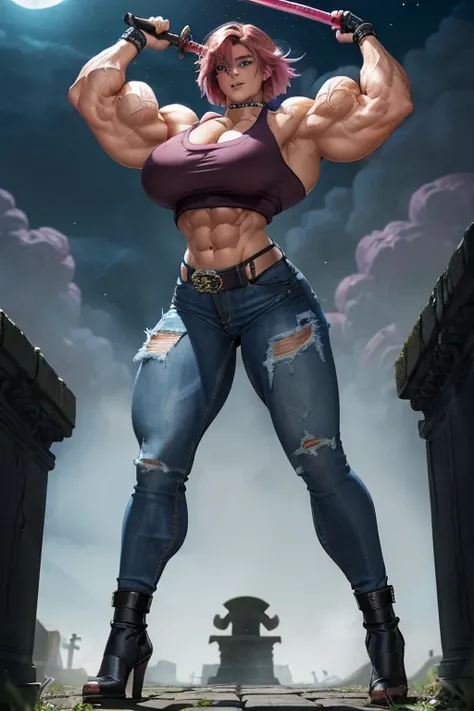 (((((Massive, beautiful, light brown skinned, buff, muscular female vampire slayer with shocking pink hair, black lipstick, ginormous bulky muscles, brandishing an ancient sword and wearing a tight tank top and tight denim pants))))), (close view), (massiv...