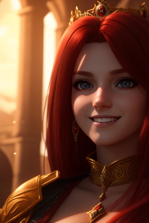 Princesa das trevas com os olhos de sangue, red hair, crown, evil smile, anime style, lens flare, high detail, first-person view, cinematic lighting, masterpiece, super detail, best quality, 8k, UHD