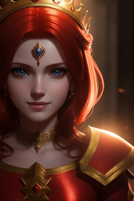 Princesa das trevas com os olhos de sangue, red hair, crown, evil smile, anime style, lens flare, high detail, first-person view, cinematic lighting, masterpiece, super detail, best quality, 8k, UHD