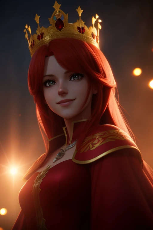 Princesa das trevas com os olhos de sangue, red hair, crown, evil smile, anime style, lens flare, high detail, first-person view, cinematic lighting, masterpiece, super detail, best quality, 8k, UHD