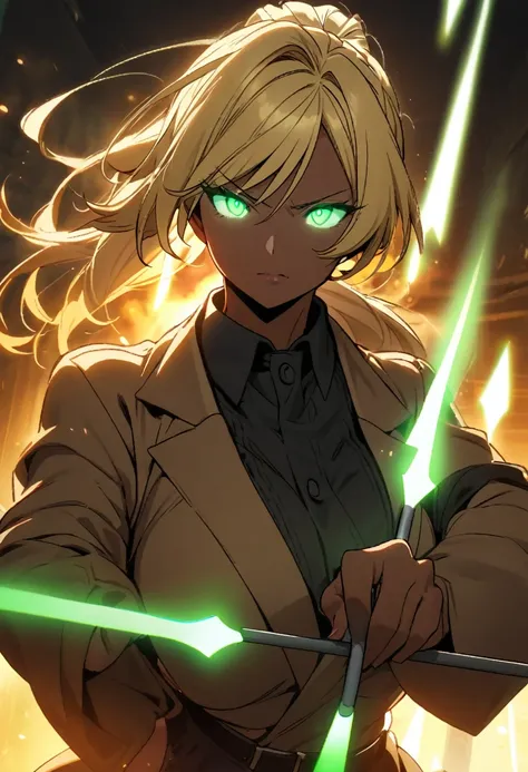 girl, mature, blond hair, ponytail, green eyes, dark skin, using a bow, glowing eyes, light arrow