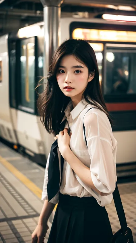 Cinematic Photo of a beautiful korean fashion model bokeh train