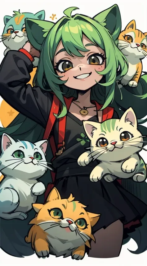 timida, asustada, ojeras, fondo verde claro, sonrisa de gato , loli , cabello largo