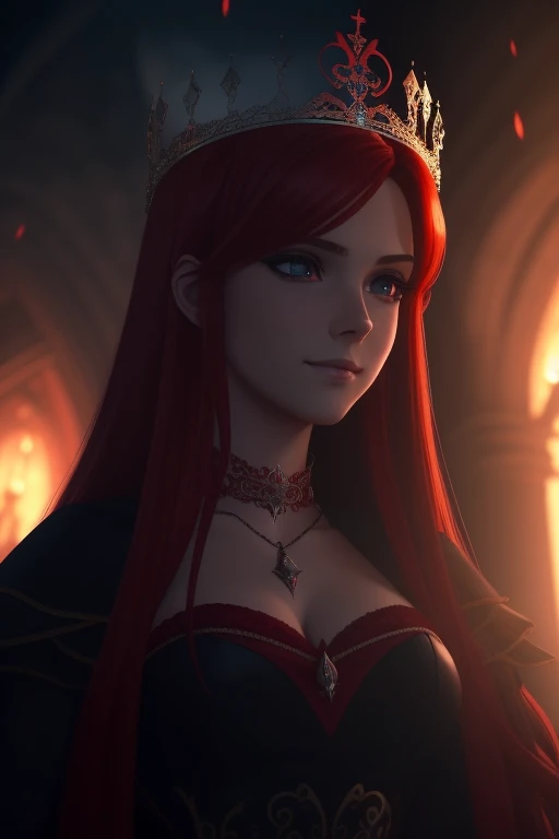 Princesa das trevas com os olhos de sangue, red hair, crown, evil smile, anime style, lens flare, high detail, first-person view, cinematic lighting, masterpiece, super detail, best quality, 8k, UHD((Dutch angle)) gloomy black castle setting, Sensual and a...