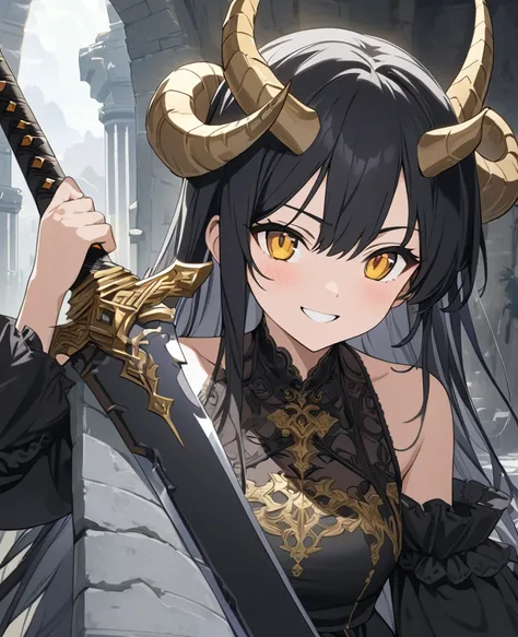 ((Anime painting,Fantasy,masterpiece,Highest quality,High resolution,finely)),(In front of the altar of the ancient ruins、has a huge sword、Striking a stylish pose、A small, young, beautiful girl with long black hair and golden eyes grins.,Two dragon horns g...