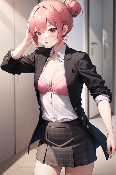 masterpiece, Highest quality, High resolution, Ahyu, short hair, Single hair bun, Red eyes, chest, clavicle, Neck ribbon, White shirt,Pink bra is visible,, Dress shirt, blazer, Black jacket, Open jacket, Long sleeve, Checked skirt, She&#39;s squatting and ...