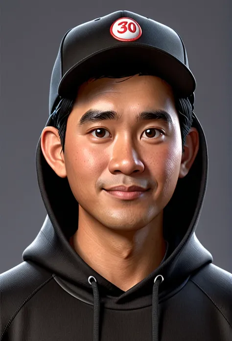 A closeup of a Indonesian man with a baseball hat on his head, wearing black hoodie, character headshot portrait, 8k portrait rendering, disney rendering, personagem de perto, retrato de personagem em close, Personagem 3D realistic, personagem estilizado, ...