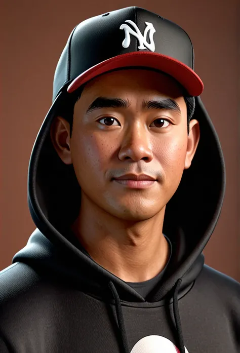 A closeup of a Indonesian man with a baseball hat on his head, wearing black hoodie, character headshot portrait, 8k portrait rendering, disney rendering, personagem de perto, retrato de personagem em close, Personagem 3D realistic, personagem estilizado, ...