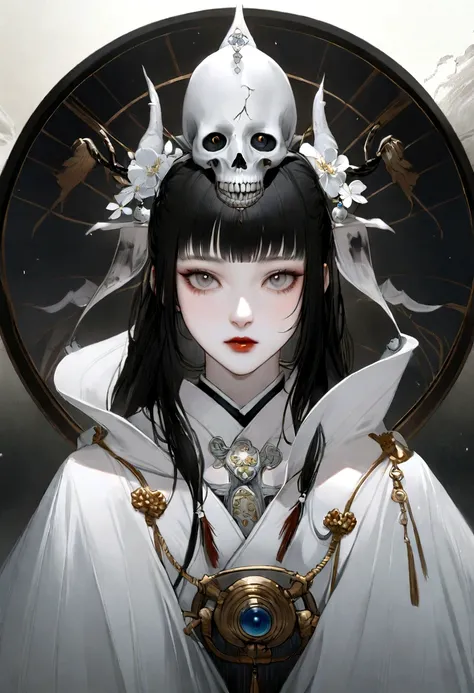 arafed woman in white dress with white cape and black hair, the piercing stare of yuki onna, portrait of sadako of the ring, goddess of winter, inspired by Itō Shinsui, artwork in the style of guweiz, japanese goddess, beautiful avatar pictures, pale young...