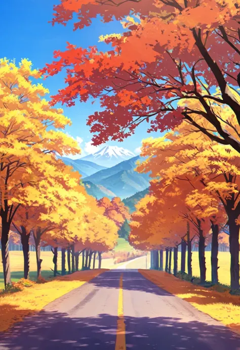 Country roads in autumn, blue sky, Mountains in the distance
