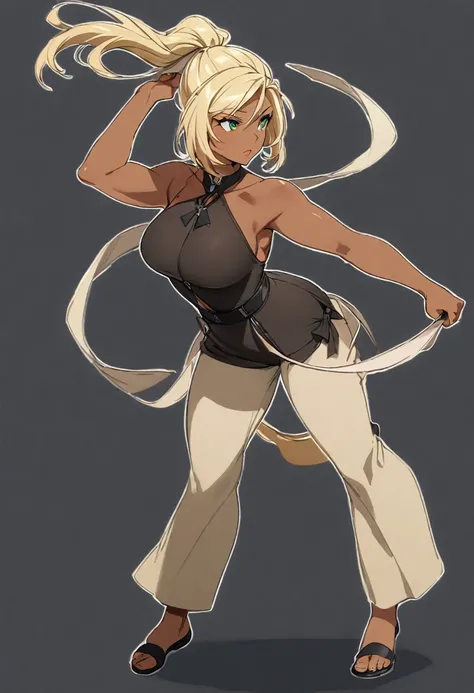 girl, mature, blond hair, ponytail, green eyes, dark skin, using a bow, 3 tails, full body