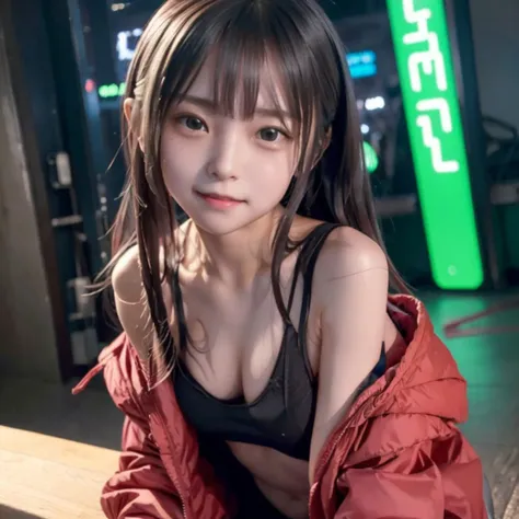 Wearing a sturdy jacket, Long Hair, Cyberpunk Red Green Background、(((Upper body naked))),smile,Young face,Young ,blush,Embarrassed、Sweaty,(((Sexually aroused facial expressions)))