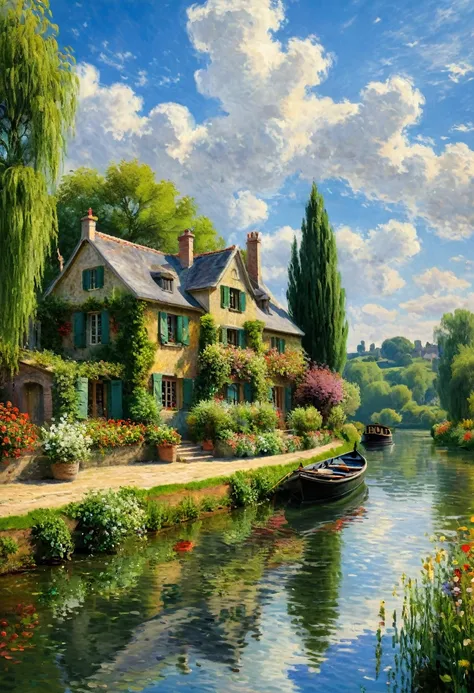 claude monet, summer, improve, complex, outdoor, scenes, sky, cloud, water, river, european style house, boat，(best quality, mas...